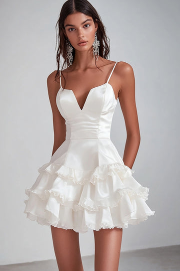 White Ruffled Spaghetti Straps Satin Mini Dress